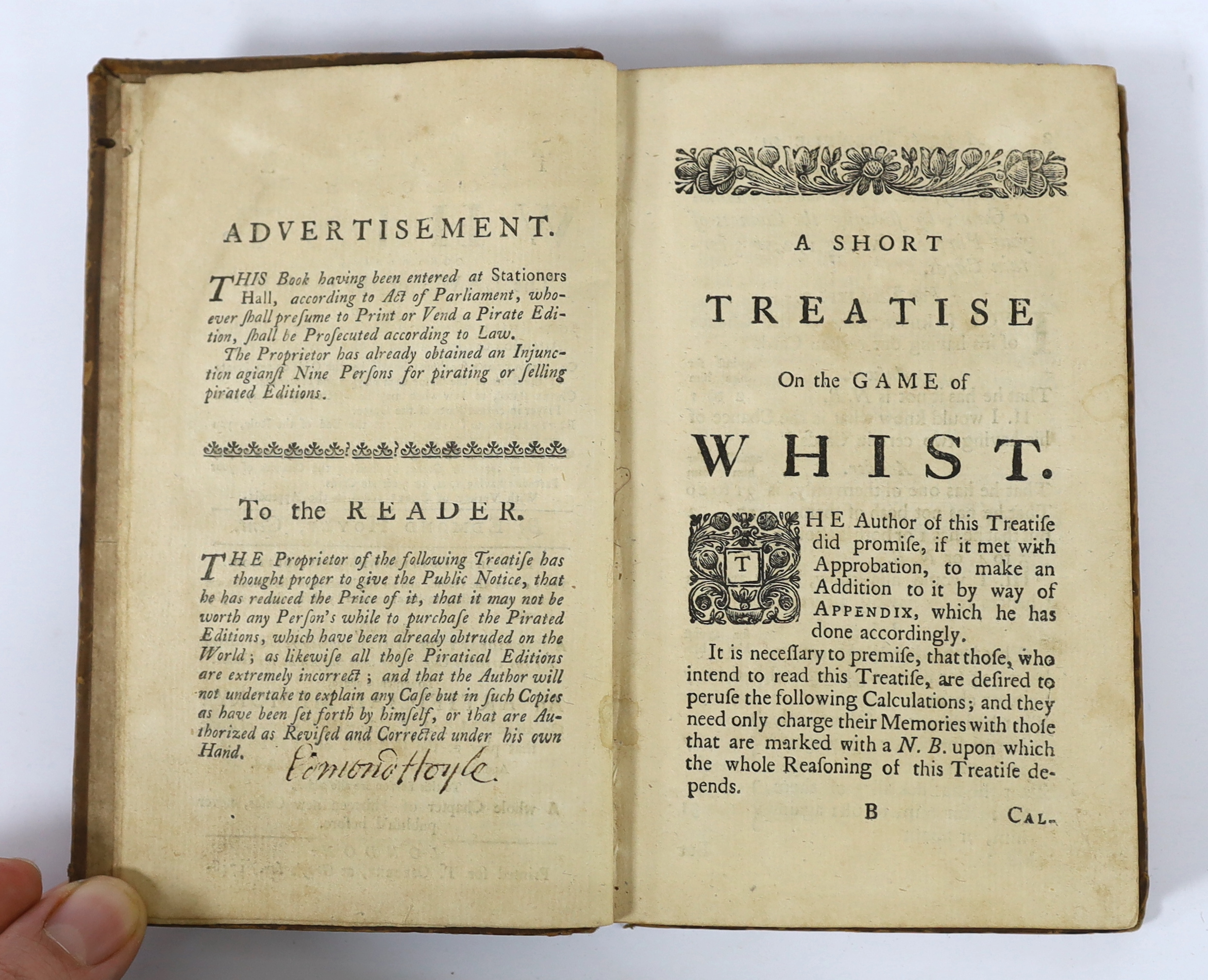 Hoyle, Edmund - Mr. Hoyle’s Treatises of Whist, 8th edition, signed title verso by the author (as a guarantee against piracy), Quadrille, 2nd edition , Piquet, 3rd edition, Chess and Back-Gammon, 3rd edition, continuous